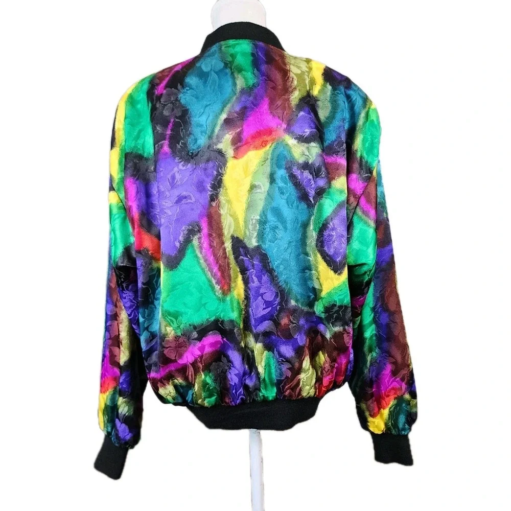 Casual Corner Satin Bomber Jacket Womens One Size Colorful Jacquard Abstract 80s - Picture 2 of 12